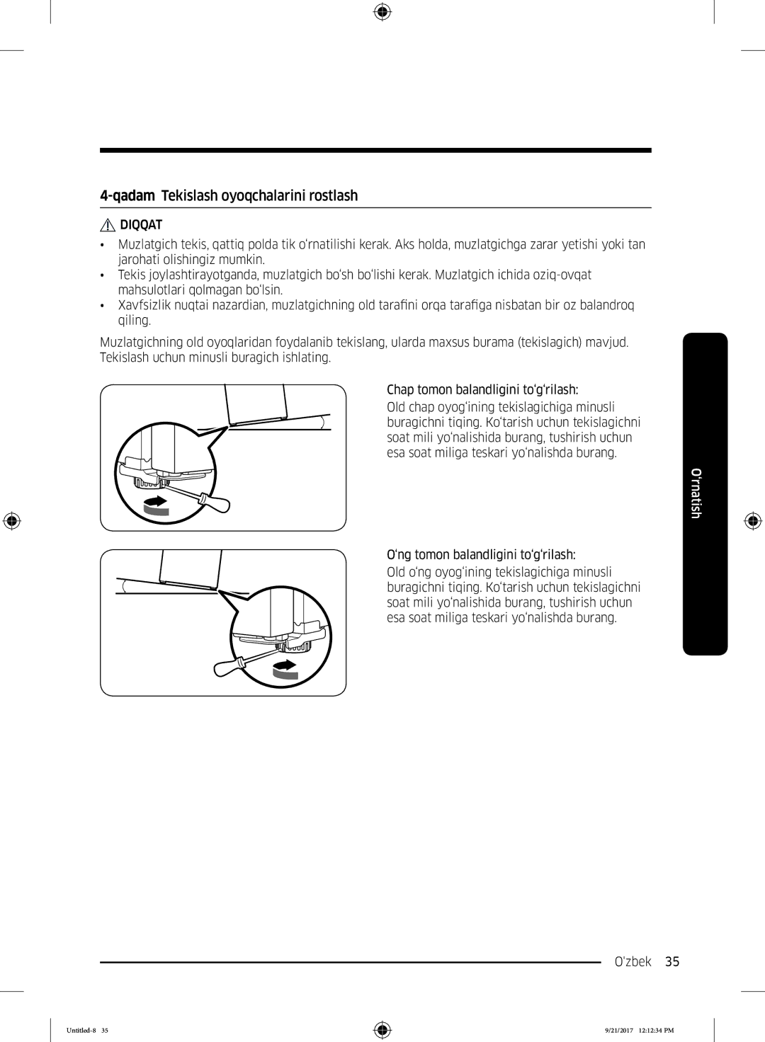 Samsung RB34K6220EF/WT, RB37K63502A/WT manual Qadam Tekislash oyoqchalarini rostlash, ‘ng tomon balandligini to‘g‘rilash 